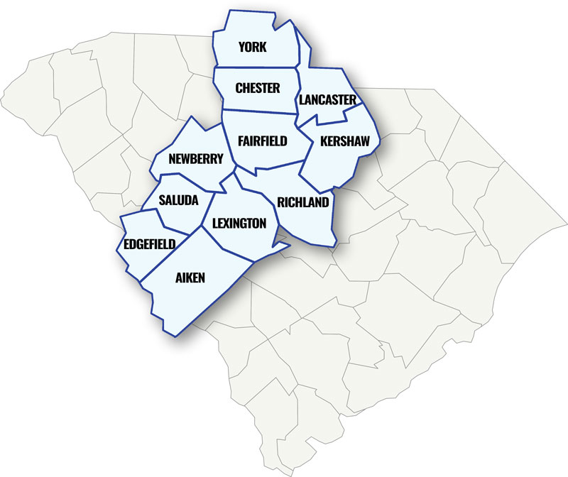 County map of South Carolina - highlighting the Midlands Region